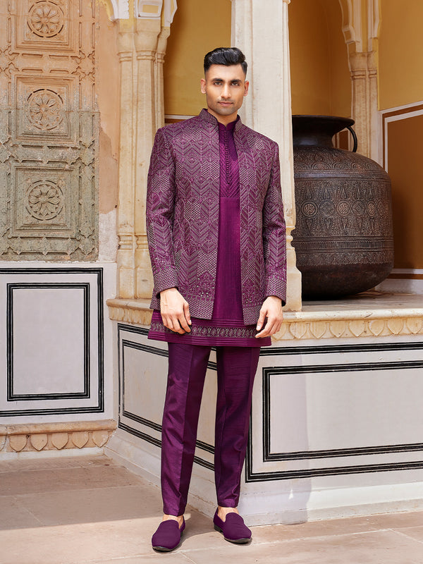 Imperial Plum Maroon Jodhpuri with Exquisite Geometric Embroidery