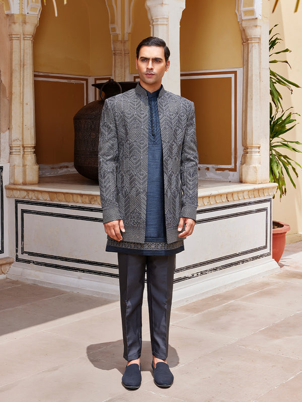 Regal Charcoal Grey Jodhpuri with Intricate Geometric Embroidery