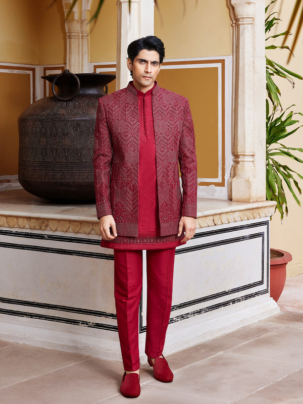 Regal Crimson Red Jodhpuri with Intricate Geometric Embroidery