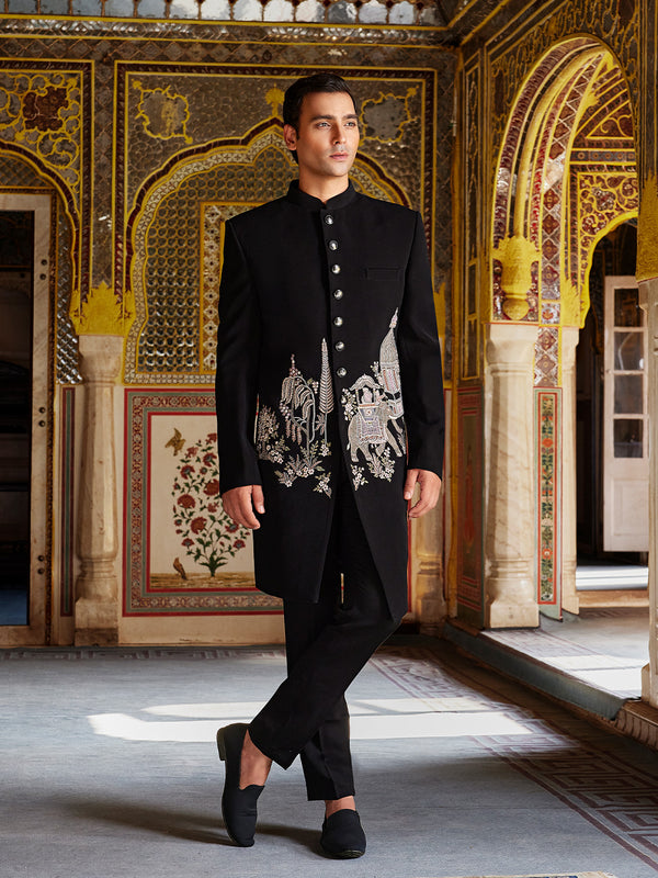 Majestic Noir Sherwani with Royal Procession Embroidery