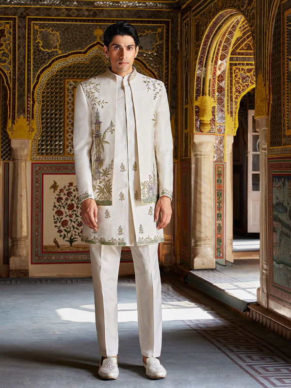 Ivory Silk Jodhpuri Suit with Antique Zari  and Handcrafted Detailing