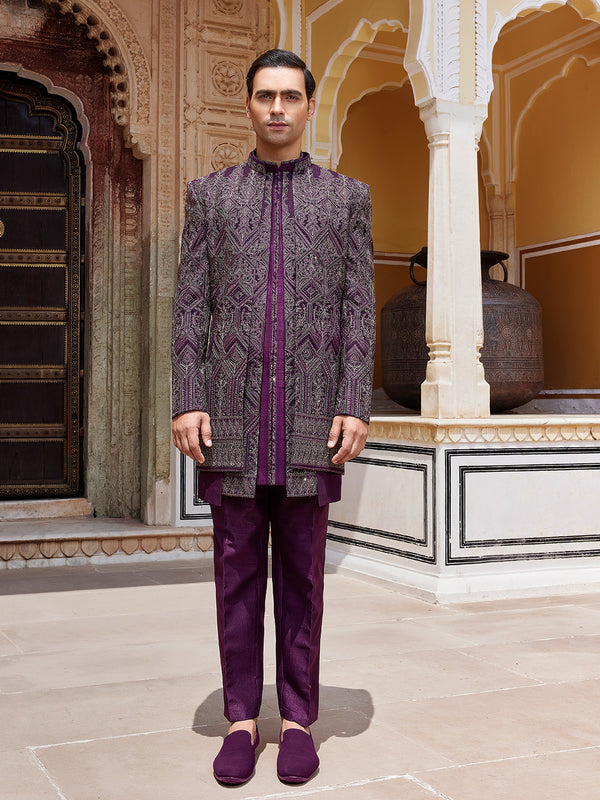 Royal Plum Maroon Jodhpuri  with Ornate Geometric Embroidery