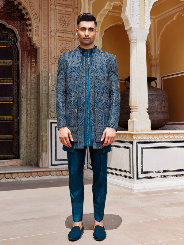 Majestic Peacock Teal Blue Jodhpuri  with Intricate Zari Geometric Weave