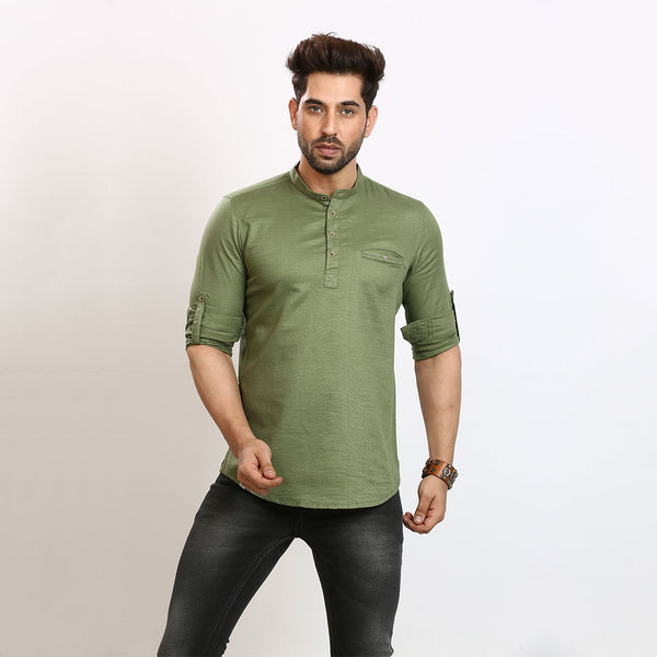 Elegant Olive Green Short Silk Kurta