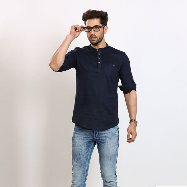 Elegant Midnight Blue Short Silk Kurta