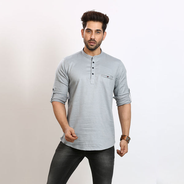 Sleek Silver Gray Short Silk Kurta