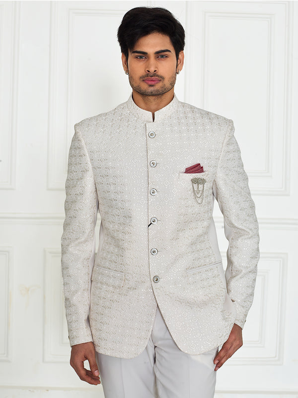 Elegant Textured White Jodhpuri Suit for Men