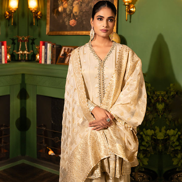 Ivory And Golden Embellished Traditional Suit