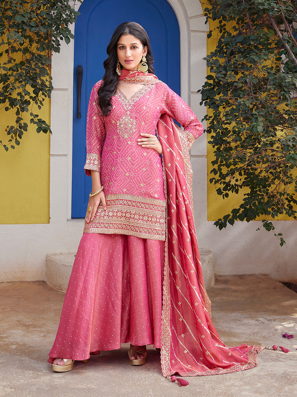 Rosette Blush Pink Palazzo Suit with Intricate Zari Accents