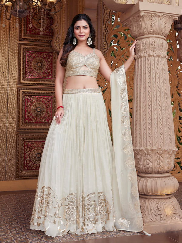 White Ivory Lehenga with  Gold Embroidered Set with Sheer Dupatta