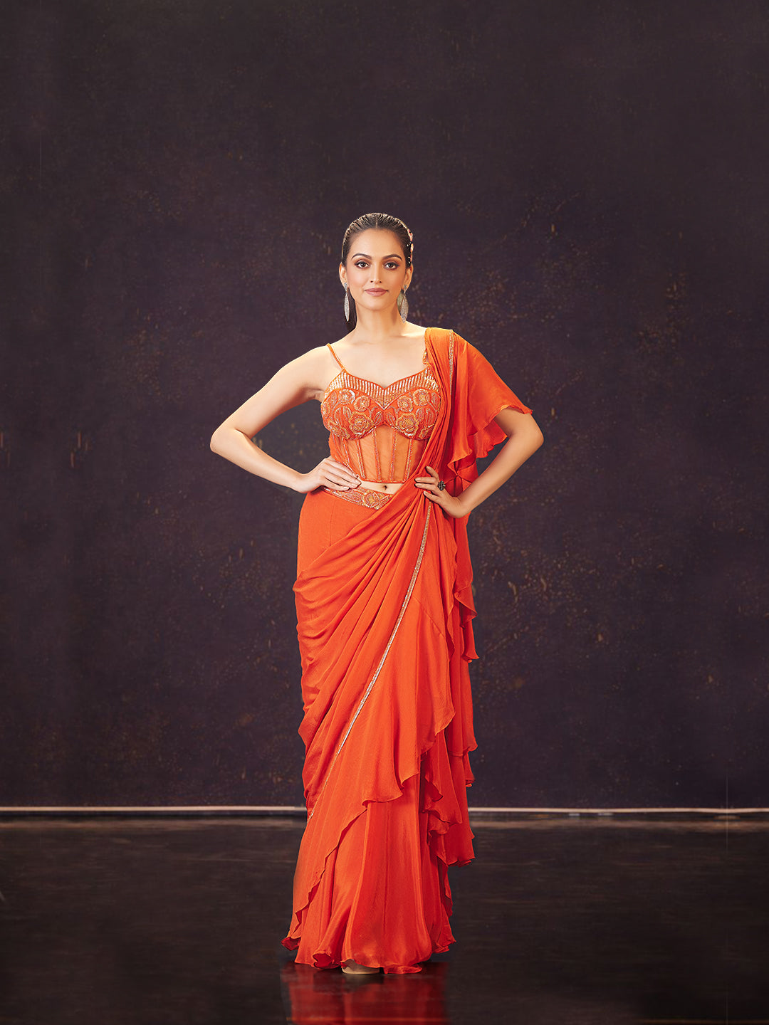 Orange Ruffle Saree with Embroidery – Suvidha Fashion