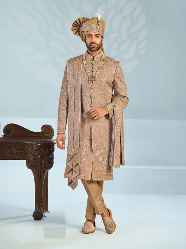 Royal Copper Dual-Pattern Embroidered Sherwani