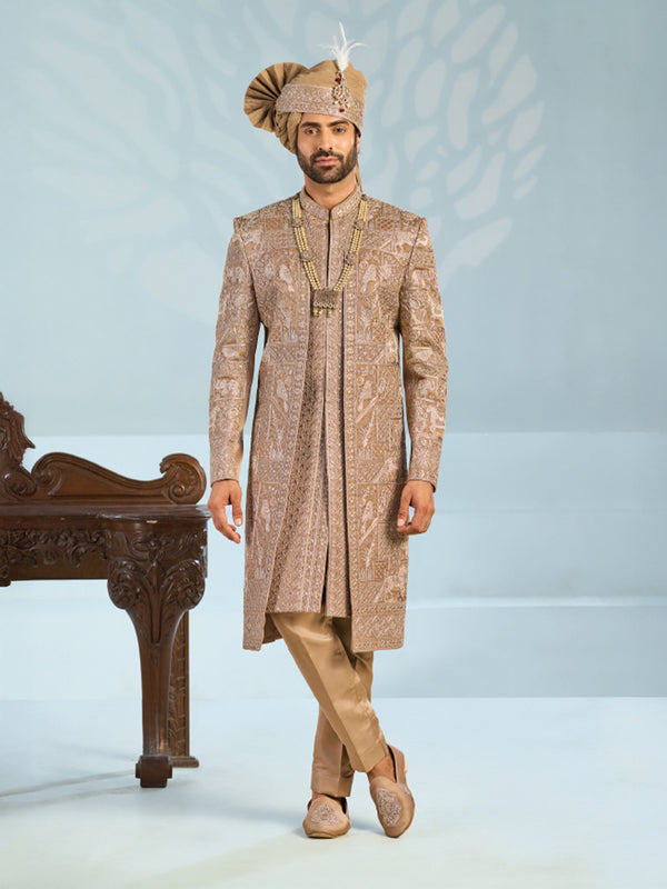 Embroidered  Golden Brown  Sherwani Set with Turban & Mojari