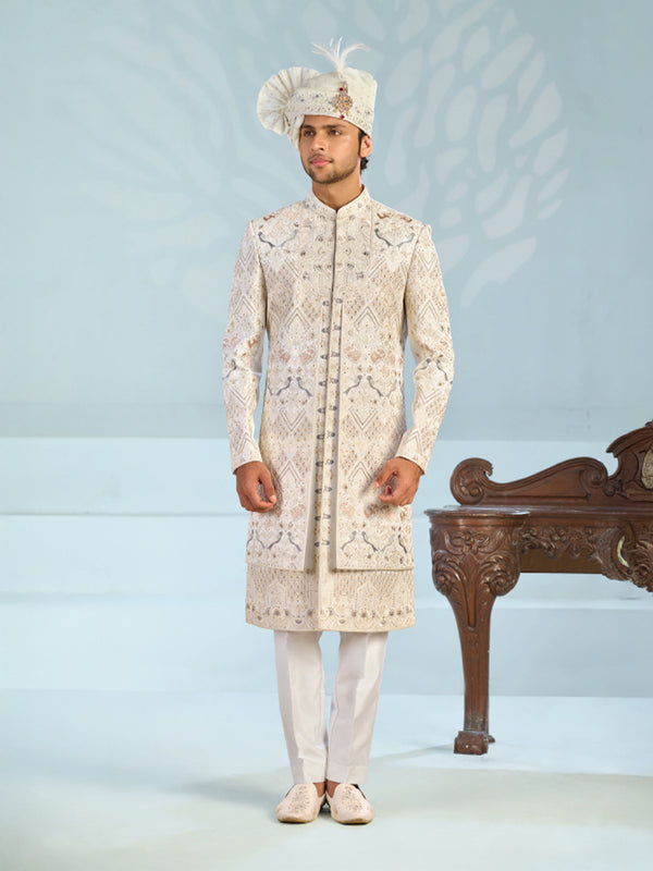 Traditional Wedding Sherwani with Fine Embroidery & Turban