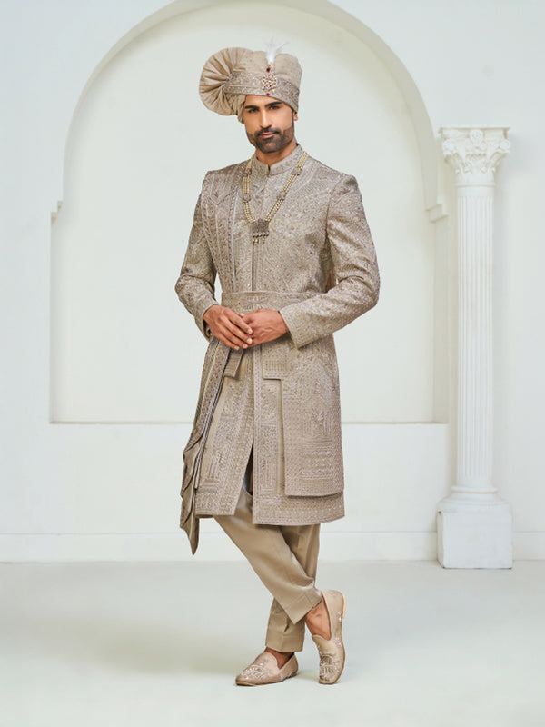 Golden Copper Regal Sherwani – Elegant Wedding Outfit for Men