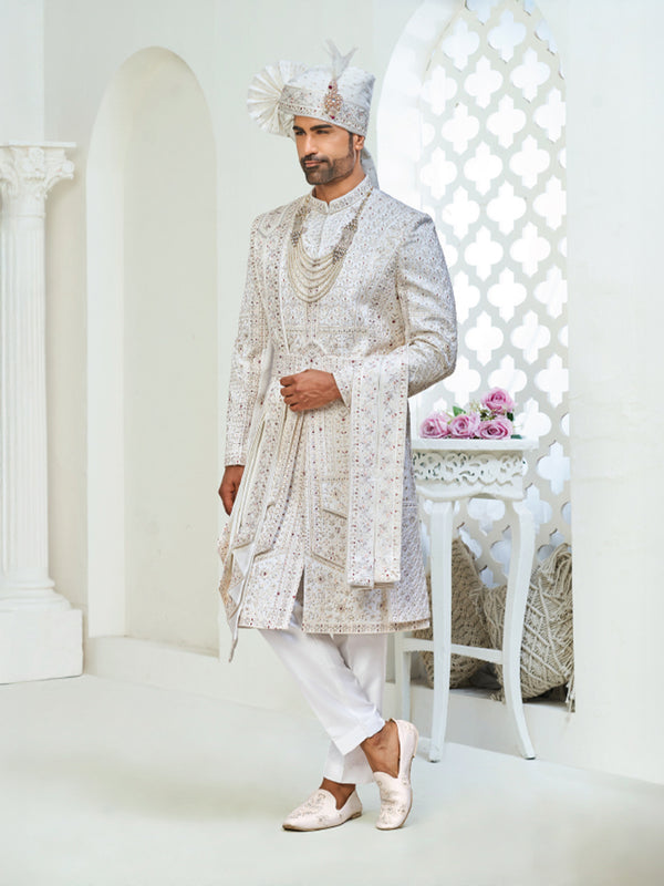 Ivory White Heavy Embroidered Sherwani Set with Dupatta & Turban