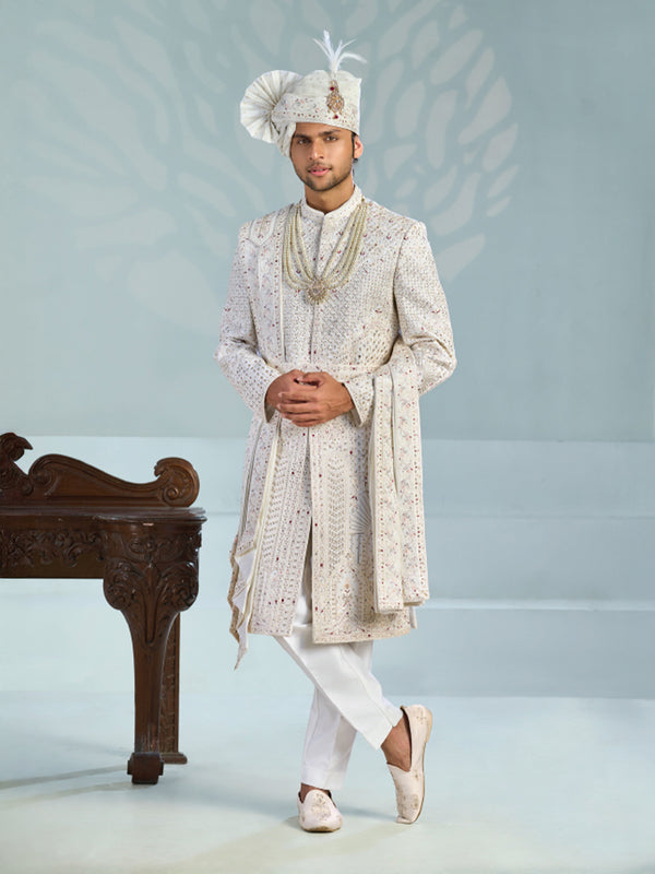 Premium Ivory White Hand-Embroidered Groom Sherwani with Dupatta & Turban