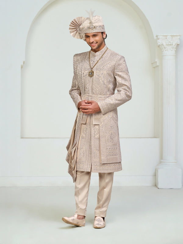 Regal Beige Silk Sherwani with Fine Hand Embroidery