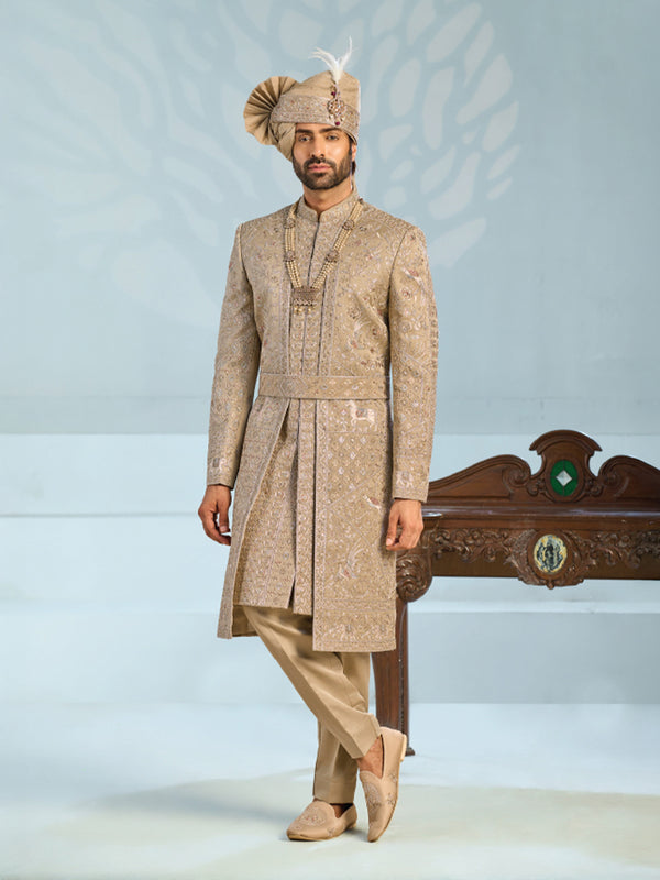 Luxury Golden Beige Wedding Sherwani Set