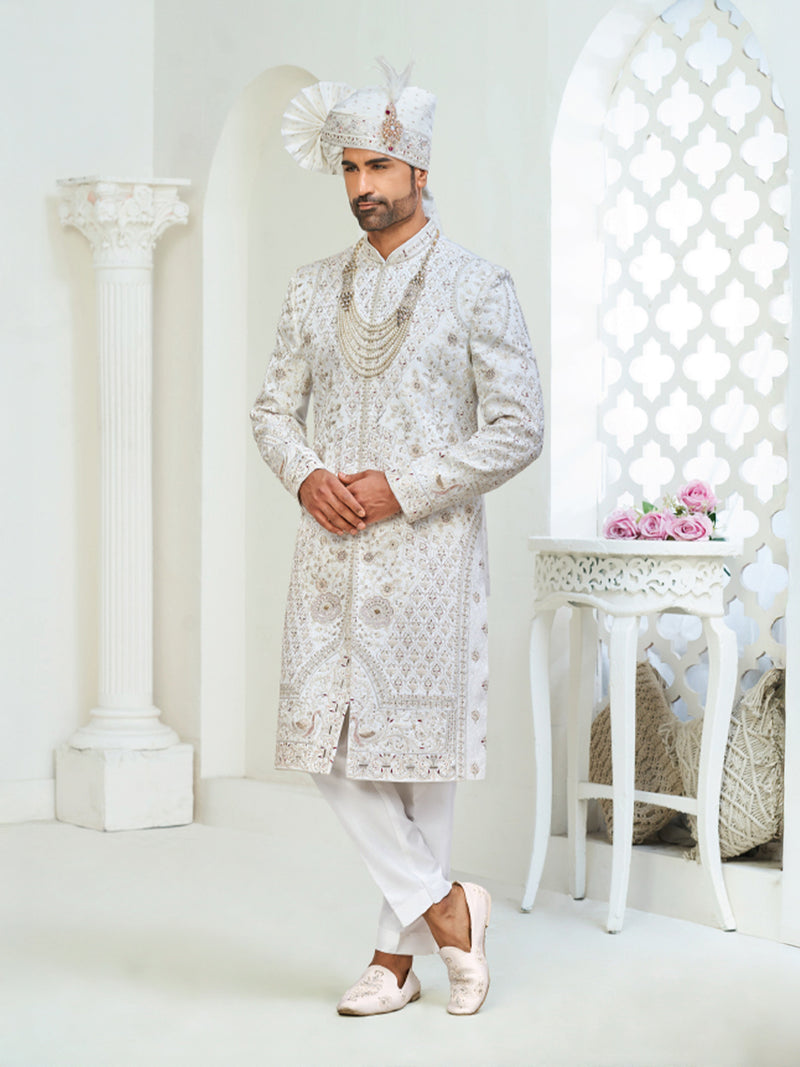 Designer Wedding Sherwani Featuring Rich Double Embroidery