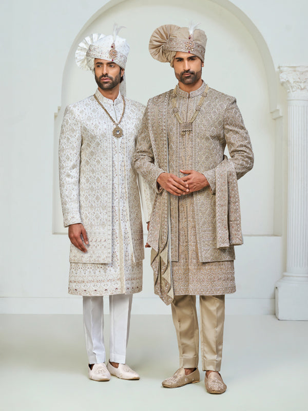 Royal Ivory & Golden Beige Embroidered Groom Sherwani Set with Turban