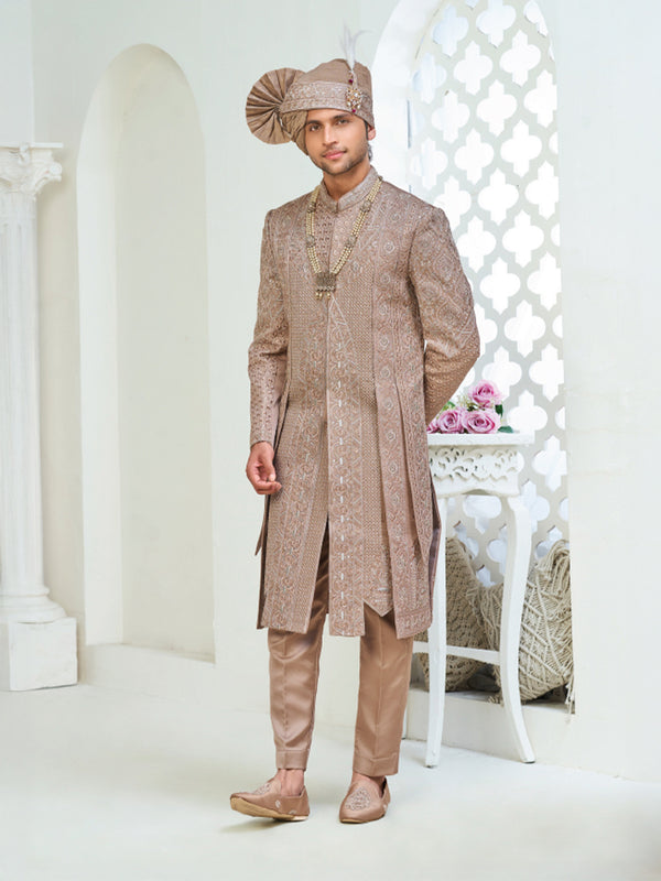 Brown Silk Embroidered Sherwani Set