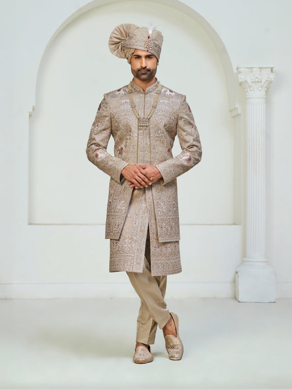 Beige Wedding Sherwani Set with Elegant Turban and Traditional Necklace
