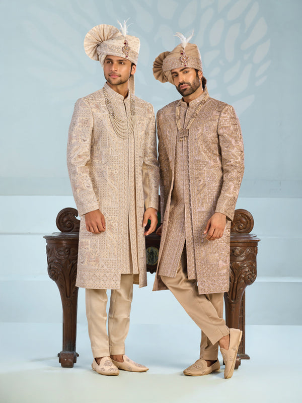 Beige Embroidered Wedding Sherwani Set for Wedding Outfit