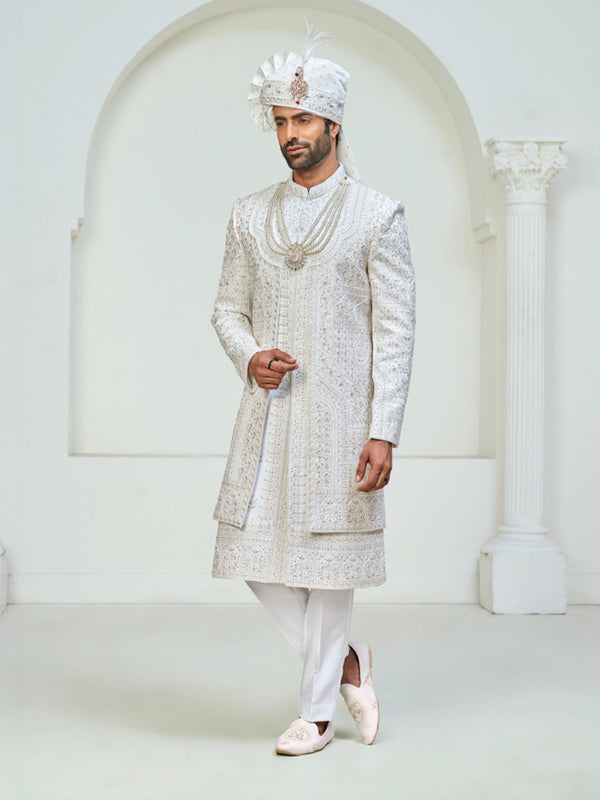 Classic Ivory Embroidered Sherwani Set for Groom