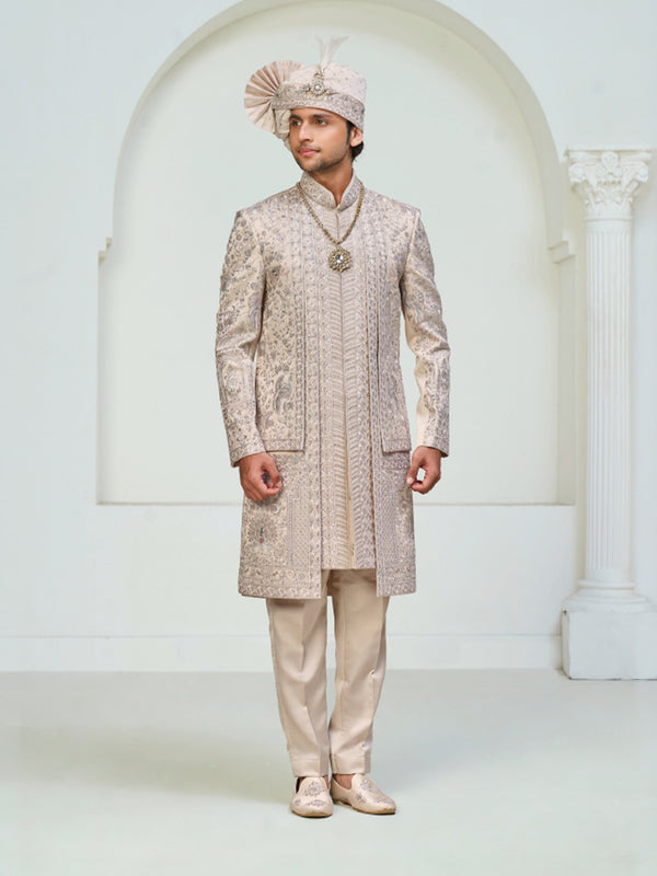 Elegant Beige Sherwani with Embroidery and Matching Accessories