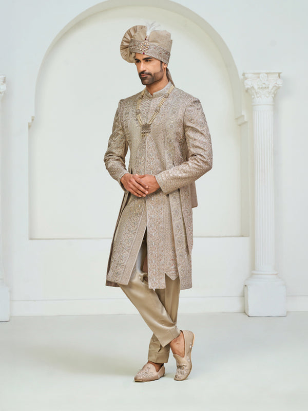 Luxury Champagne Gold Groom Sherwani for Wedding Ceremonies