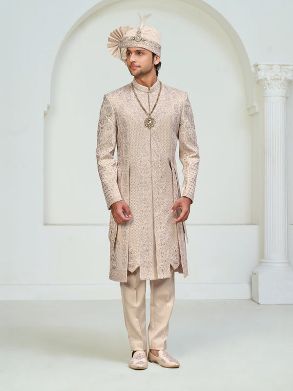 Beige Embroidered Wedding Sherwani Set