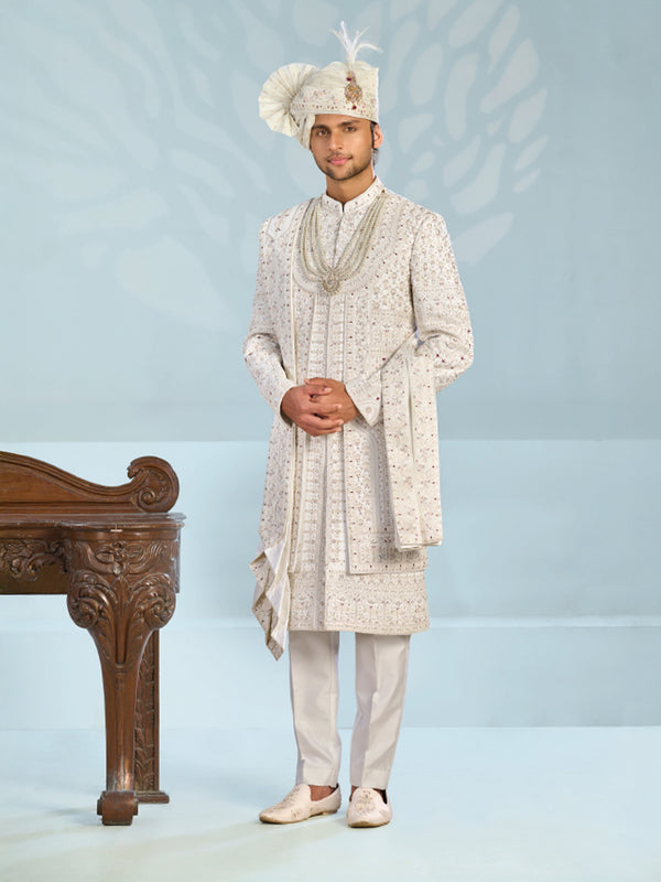 Royal Ivory Embroidered Sherwani Set with Matching Turban