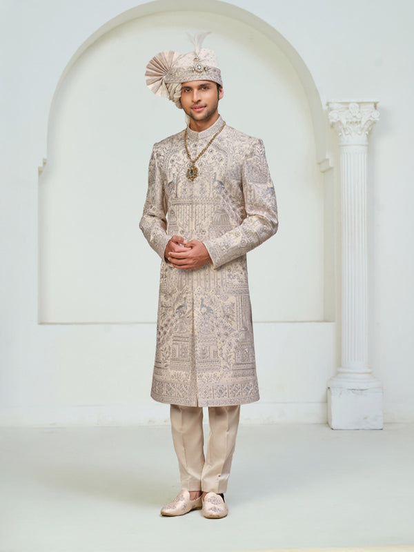 Classic Off-White Groom Sherwani with Luxury Silver Embellishments