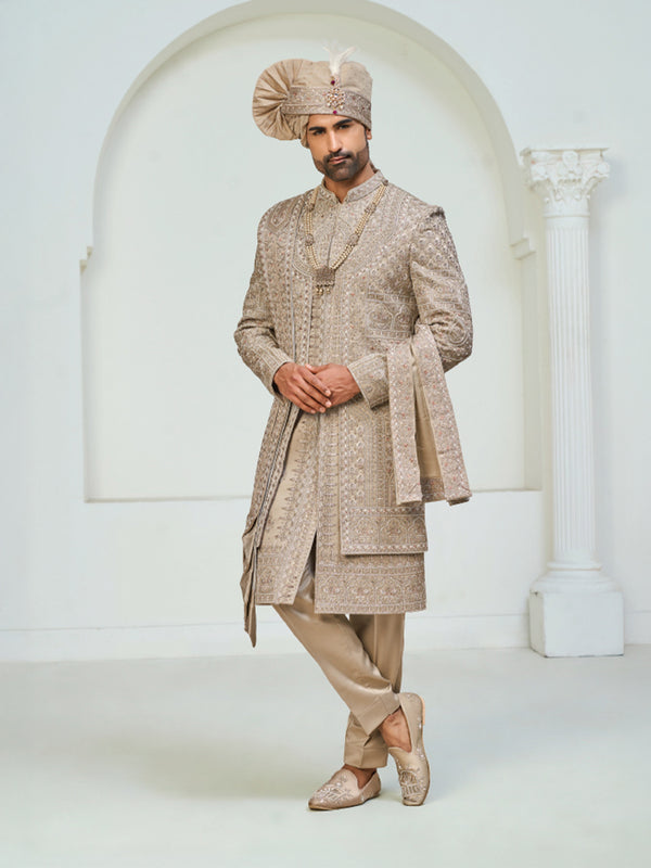Classic Beige Embroidered Sherwani Set with Matching Turban & Groom Mala