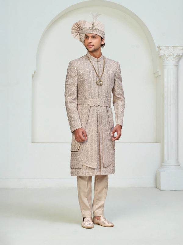 Cream Traditional Sherwani Set for Wedding Ceremonies