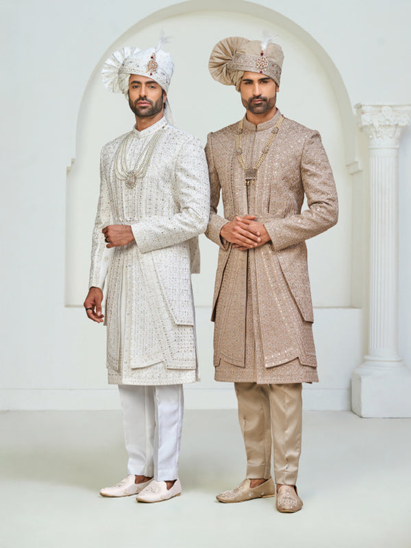Classic Ivory and Dusty Gold Wedding Sherwani Ensemble
