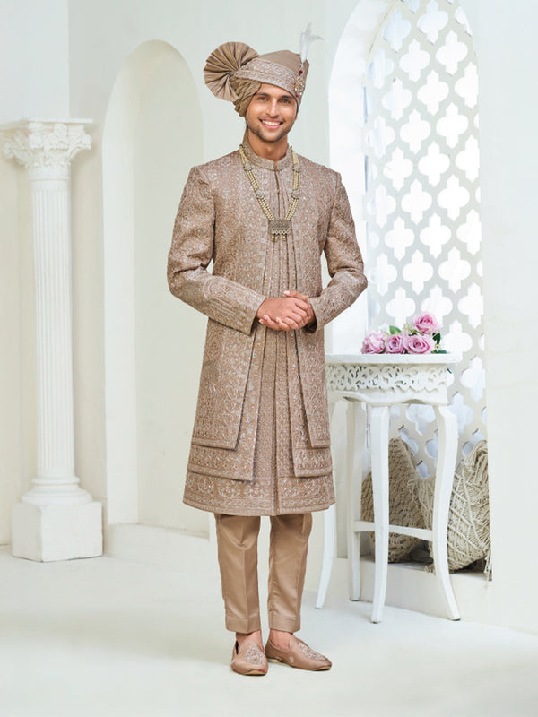 Regal Golden Brown Hand-Embroidered Sherwani for Indian Weddings