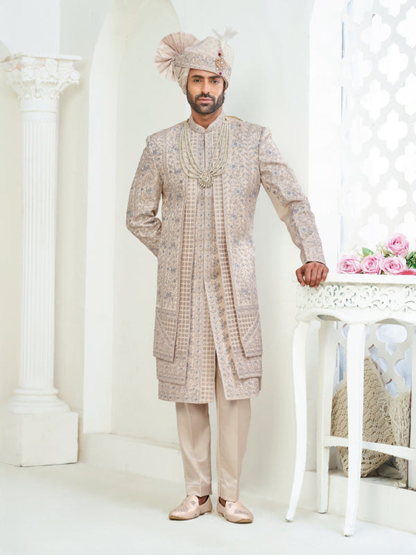 Premium Rose Gold Embroidered Groom Sherwani Set