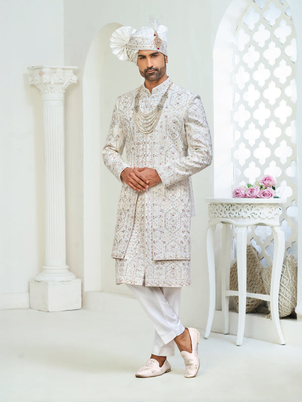 Classic White Embroidered Sherwani Set