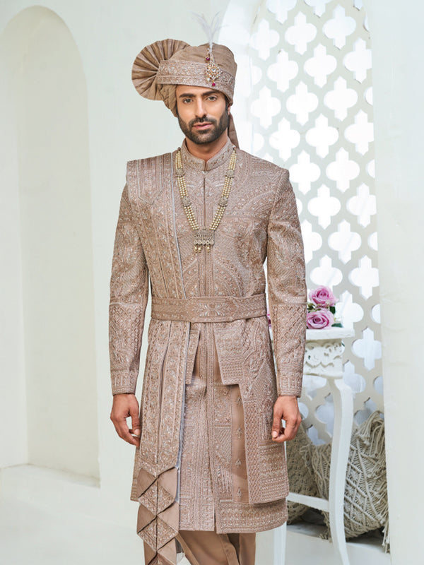 Majestic Dusty Gold Embroidered Sherwani – Dual Belt Wedding Style