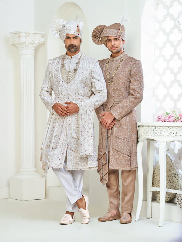 Classic White & Brown Wedding Sherwani for Groom with Dupatta