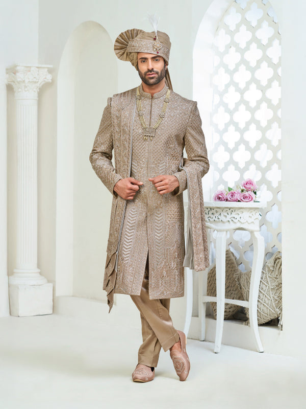 Elegant Golden Brown Groom Sherwani with Turban & Mojari – Premium Wedding Wear