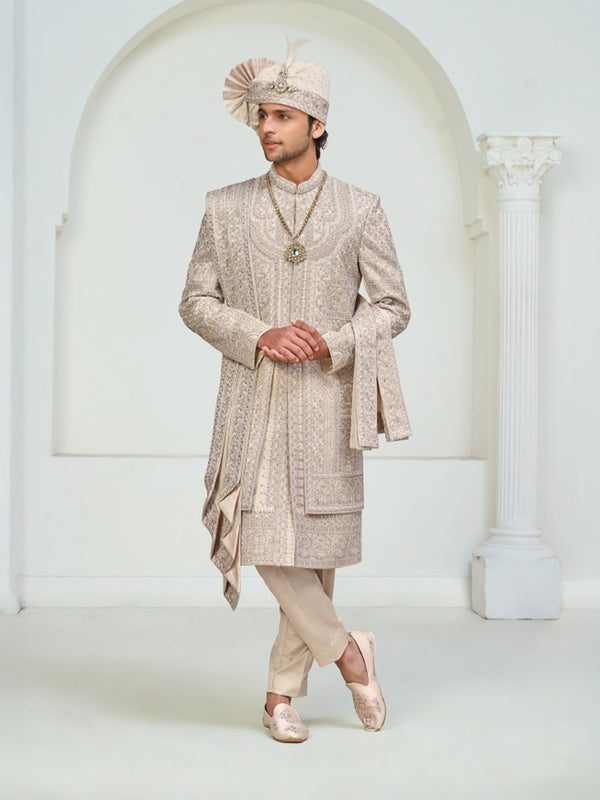 Beige Hand-Embroidered Groom Sherwani with Turban & Dupatta
