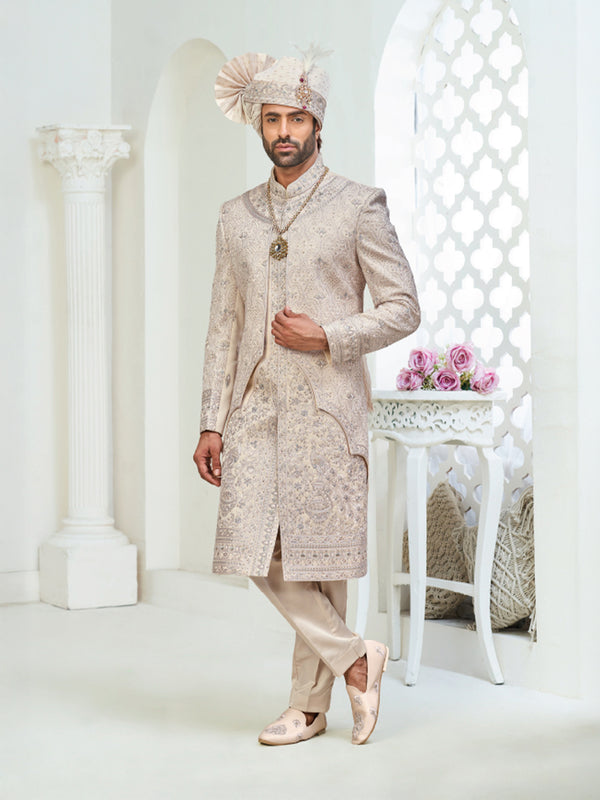 Designer Beige Wedding Sherwani for Groom with Matching Turban & Mojari