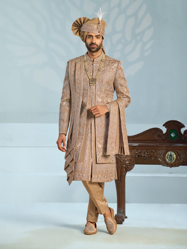 Brown Embroidered Groom Sherwani Set with Turban, Dupatta & Mojari