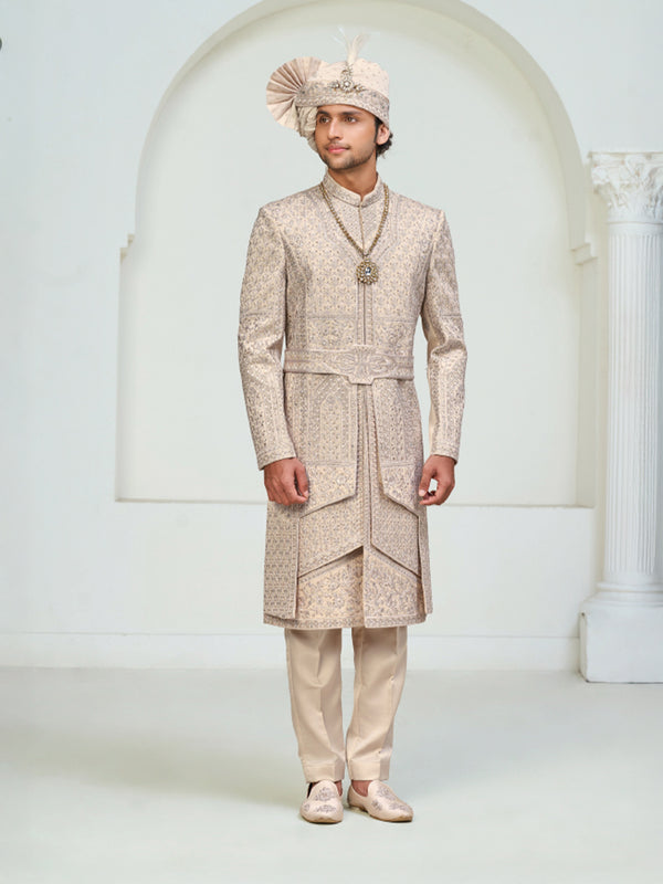 Luxury Peach Sequin Embellished Sherwani – Wedding Wear