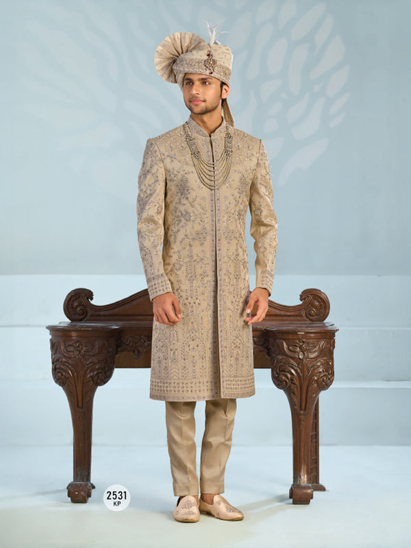 Classic Achkan Style Sherwani for Groom with Detailed Embroidery