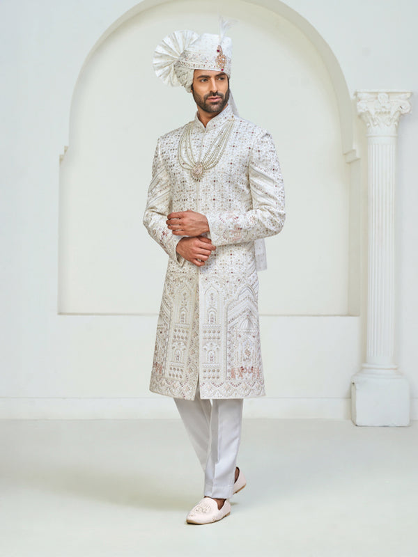 Ivory White Hand-Embroidered Wedding Sherwani Set