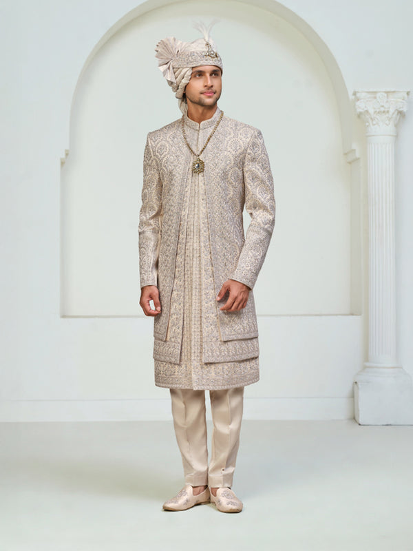 Imperial Ivory Golden Sherwani with Layered Draping
